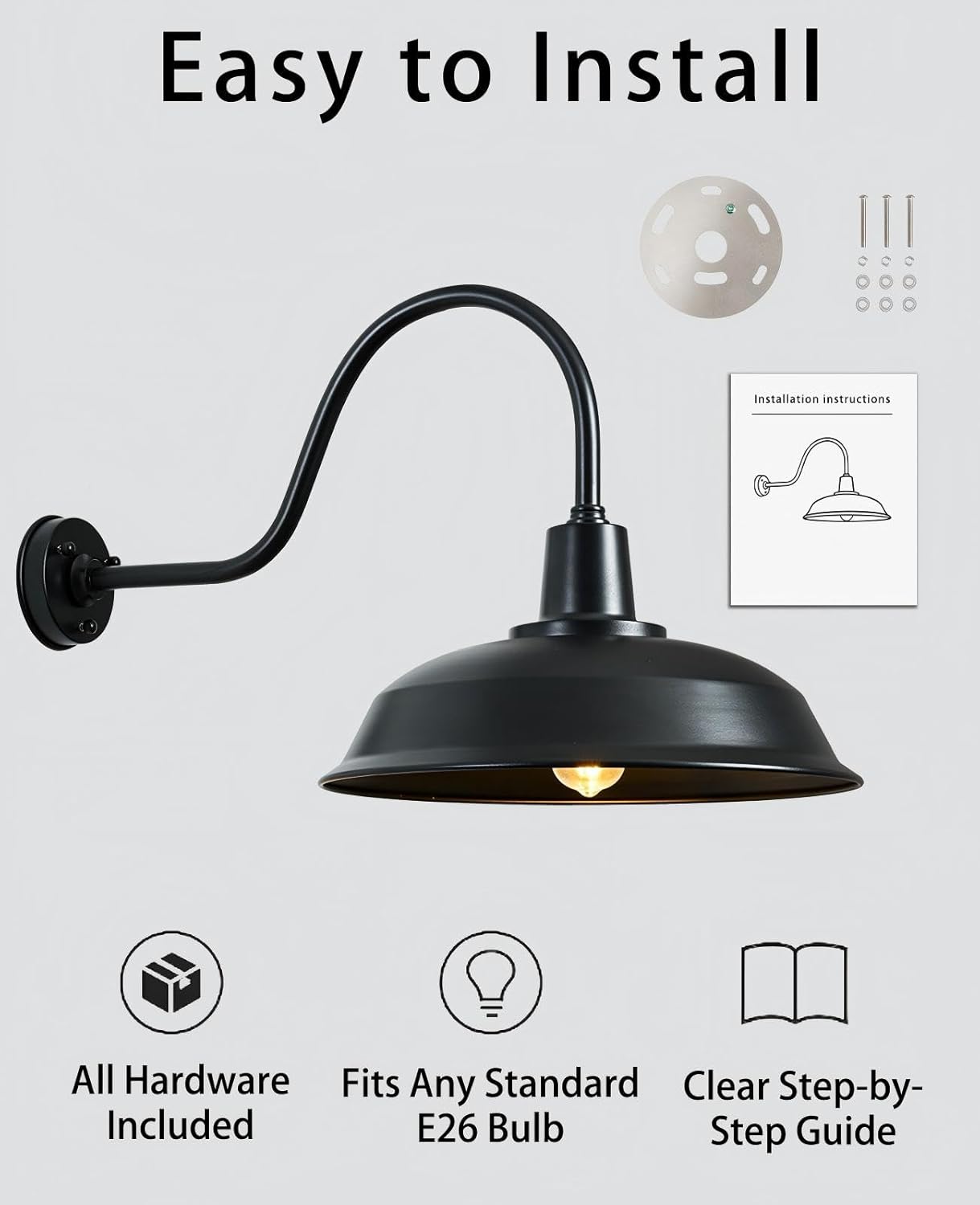 15 Inch Gooseneck Barn Light Outdoor, Matte Black Farmhouse Wall Light for Porch and Garage, ETL Listed, Weather-Resistant, E26 Base, Easy Install