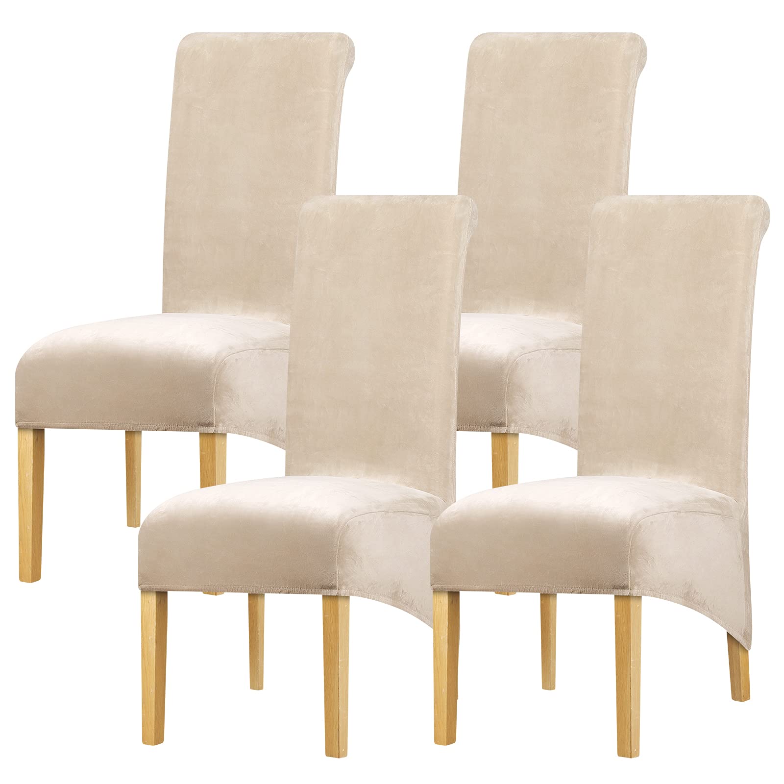 Leorate Velvet Dining Chair Covers Set of 4, Stretch High Back Slipcovers for Dining Chairs Beige Soft Velvet
