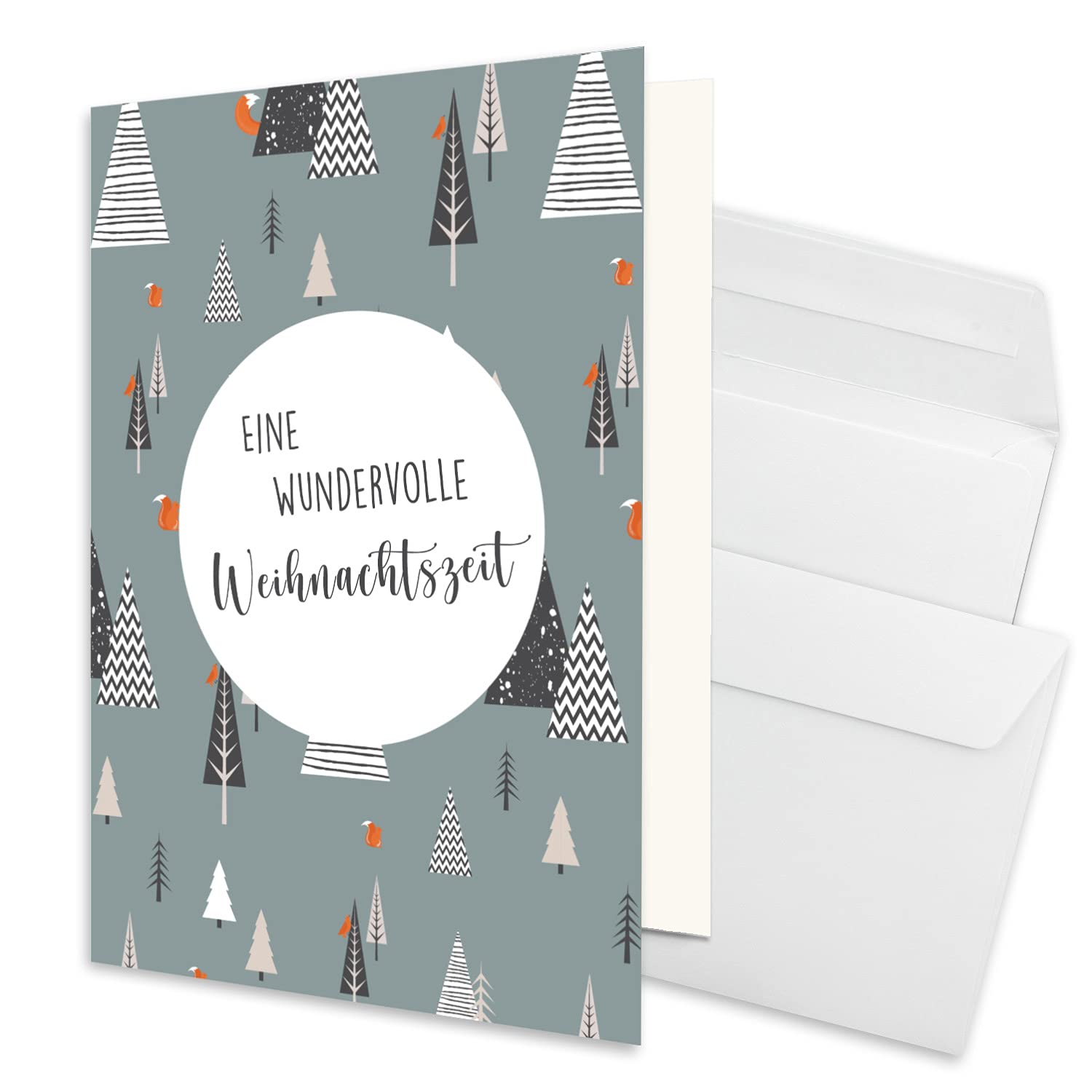 Juego de 200 tarjetas de Navidad sostenibles DIN A6 en azul con árboles de Navidad y texto – Tarjetas plegables con sobres a juego DIN C6 azul con adhesivo – saludos de Navidad para empresas y