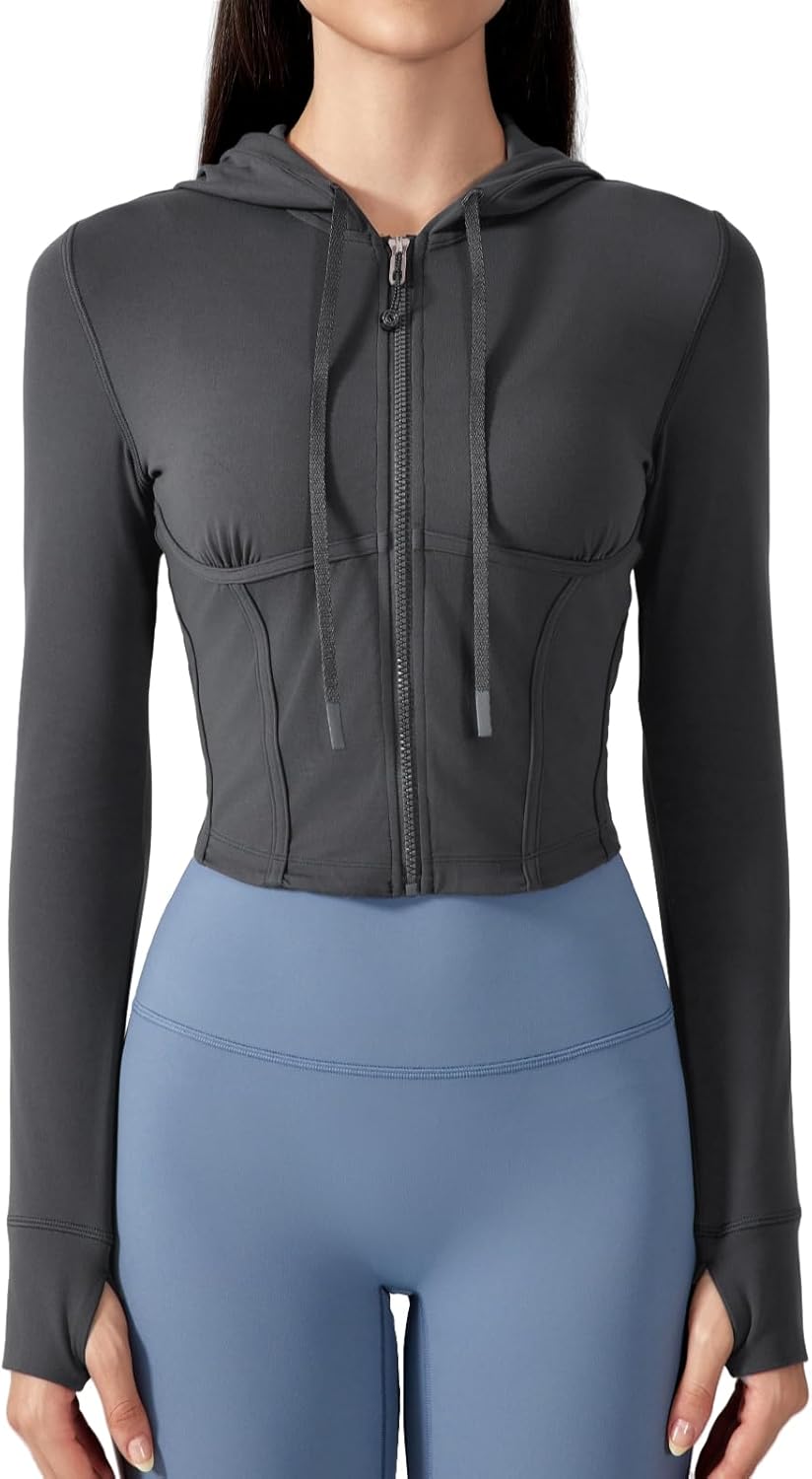 altiland Workout Corset Full Zip Jacket for Women - Hooded Athletic Running Yoga Crop Top
