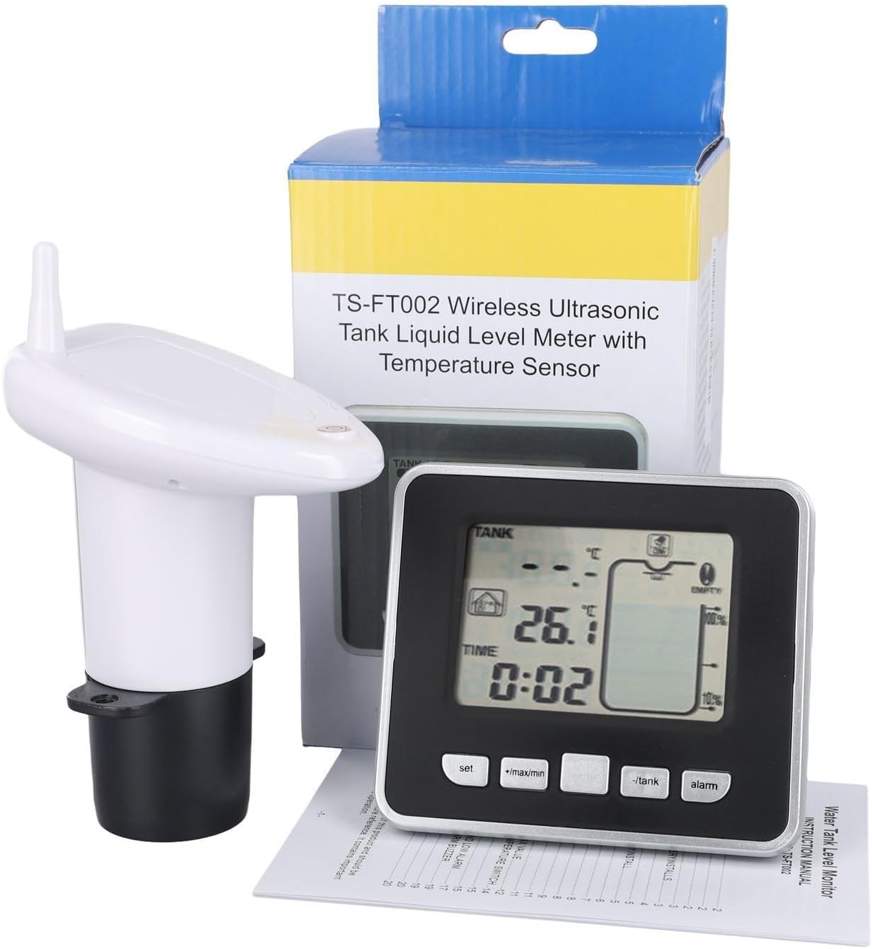 Water Tank Level Gauge With Temperature Display And Dual High/Low Alarm, Wireless Monitor For Cistern And Rainwater Storage, IP43 Waterproof Construction, 0-15m Measurement Range, ±1°C Accuracy