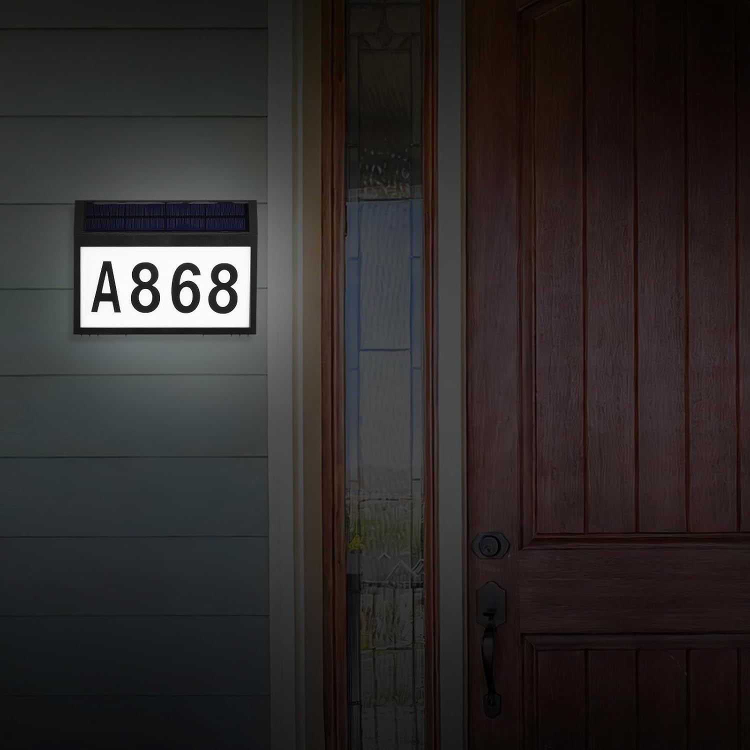 TEHAUX Solar Powered Lighted Home Number Sign with 10 Leds, Black Wall-mounted Address Plaque and Ground Stake, Light Sensor Activated Outdoor Address Numbers for Home