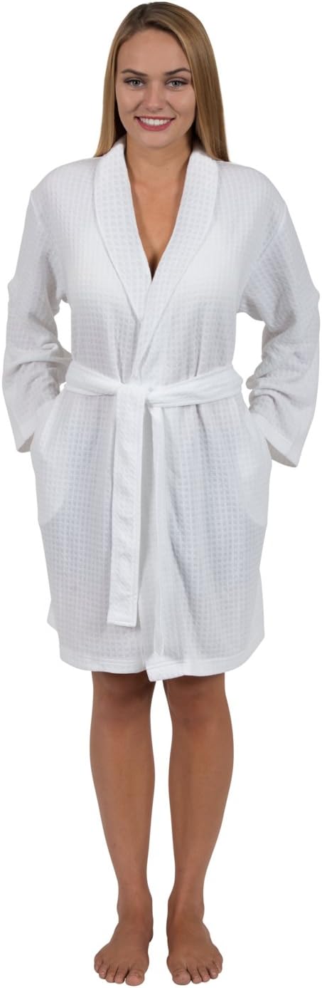 Women's Houndstooth Shawl-Collar Short Robe Travel Robe (2X, Spa White)
