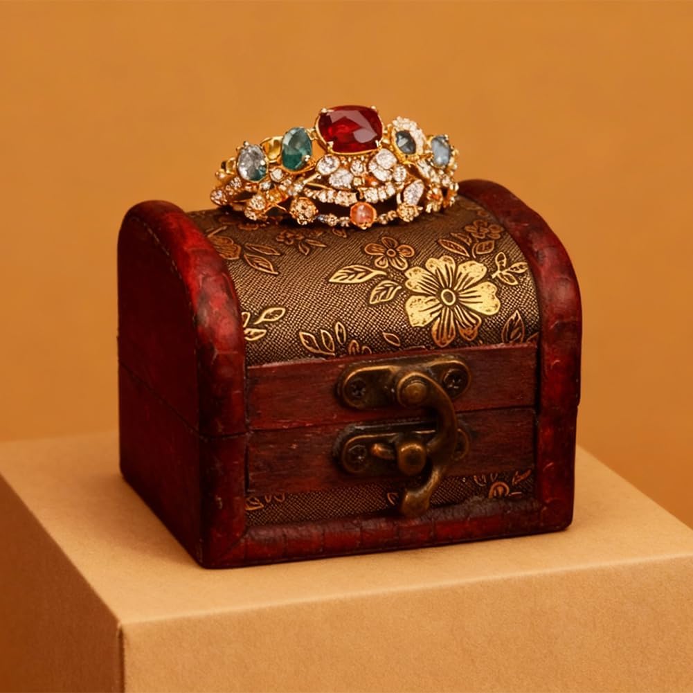 2PCS 3.15 x 2.56 x 2.36 Inch Vintage Wooden Mini Trinket Keepsake Organizer Box Retro Decorative Treasure Chest Box Small European Pirate Jewelry Stroage Cases for Jewelry Decoration