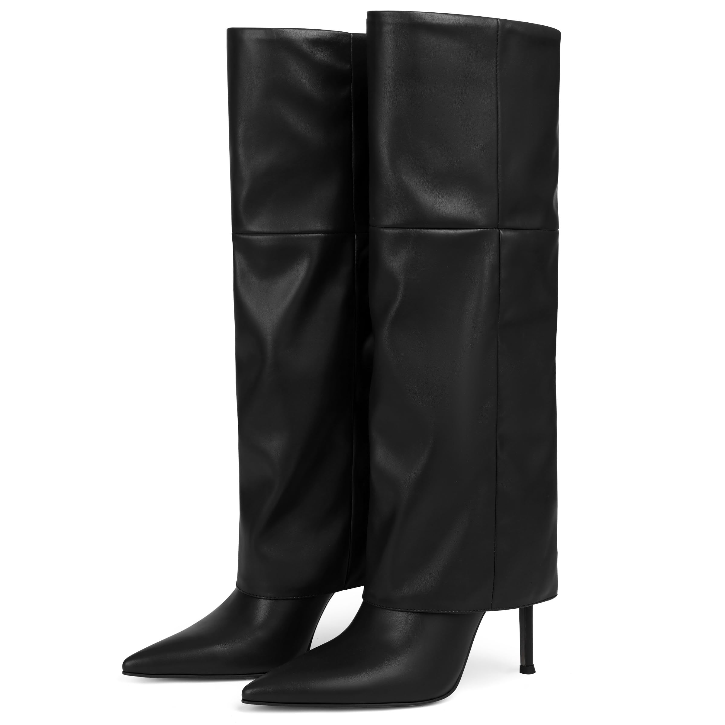 Oiamenne Womens Fold Over Boots Knee High Boots for Women Pointed Toe Stiletto Heel Long Boots Sexy Tall