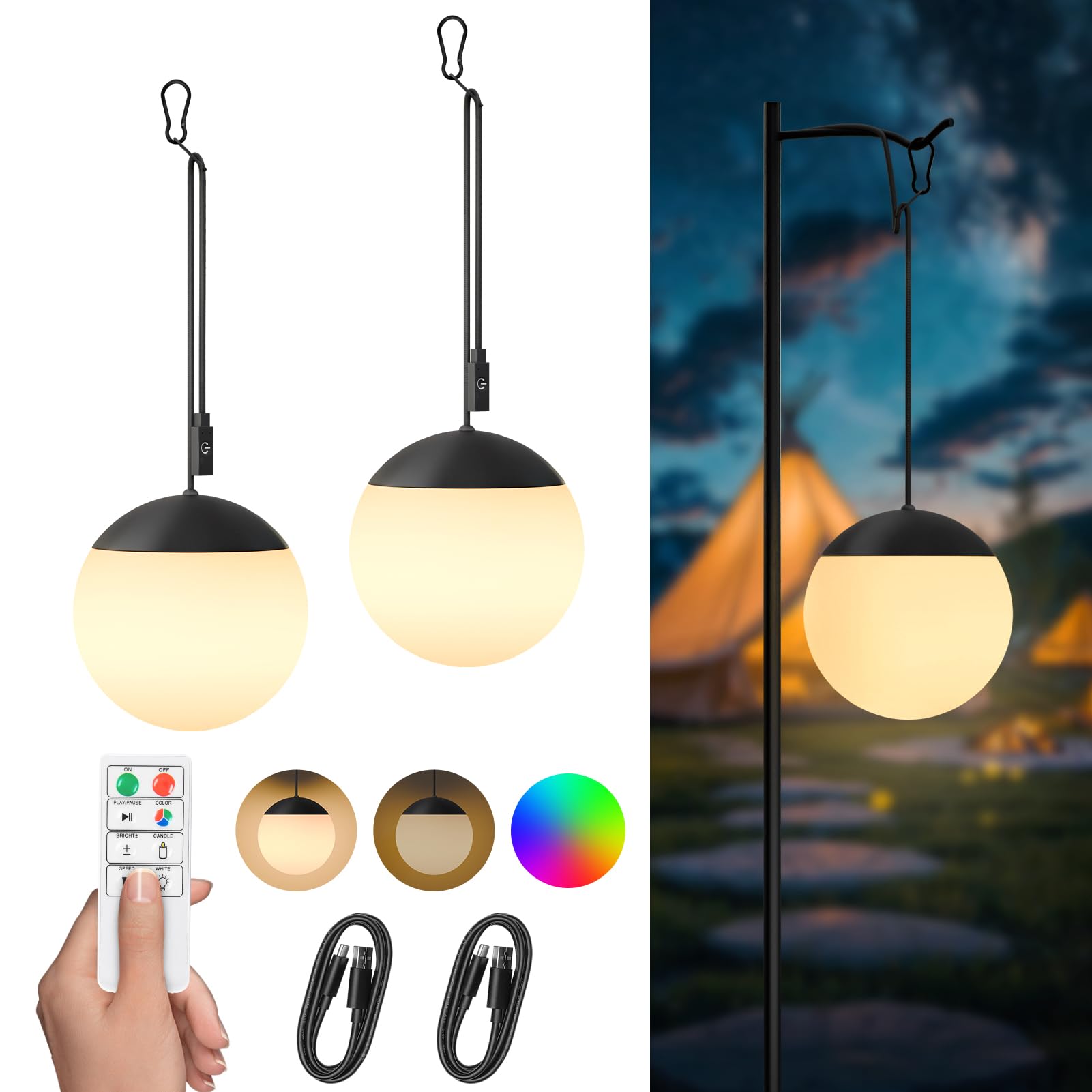 FUYO Rechargeable LED Camping Lantern, 2-Pack Garden Decor Lights Waterproof Outdoor Lanterns w/ Remote & 8 Colors, Hanging Ball Lights for Backyard Fence Pathway Porch Christmas Decorative