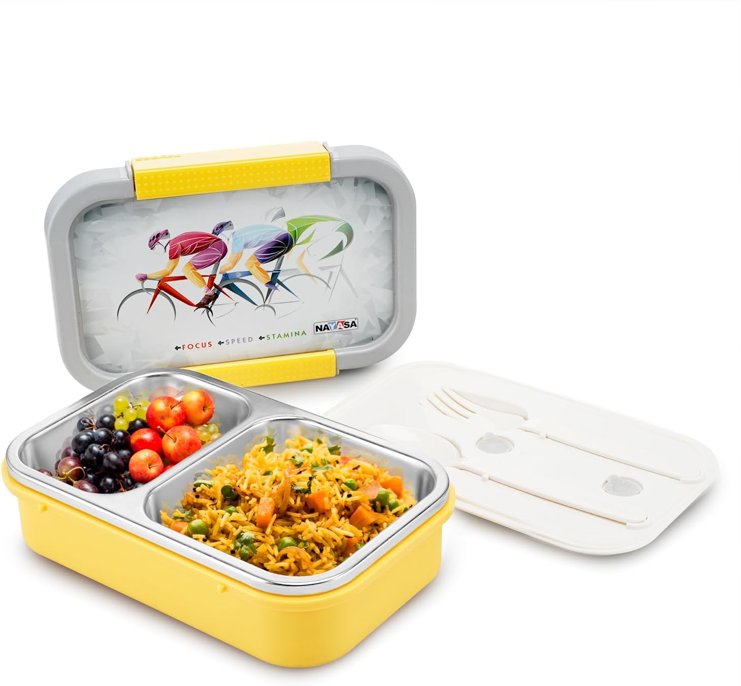 Nayasa Autobot 2 Compartment Stainless Steel Insulated Lunch Box for Kids Boys | Sports Print | Leak Proof Tiffin Box | 650 ml | Yellow