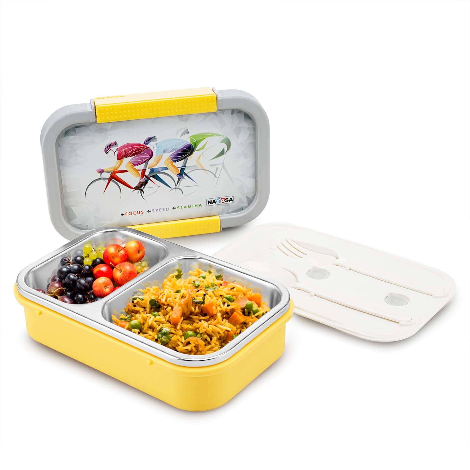 Nayasa Autobot 2 Compartment Stainless Steel Insulated Lunch Box for Kids Boys | Sports Print | Leak Proof Tiffin Box | 650 ml | Yellow