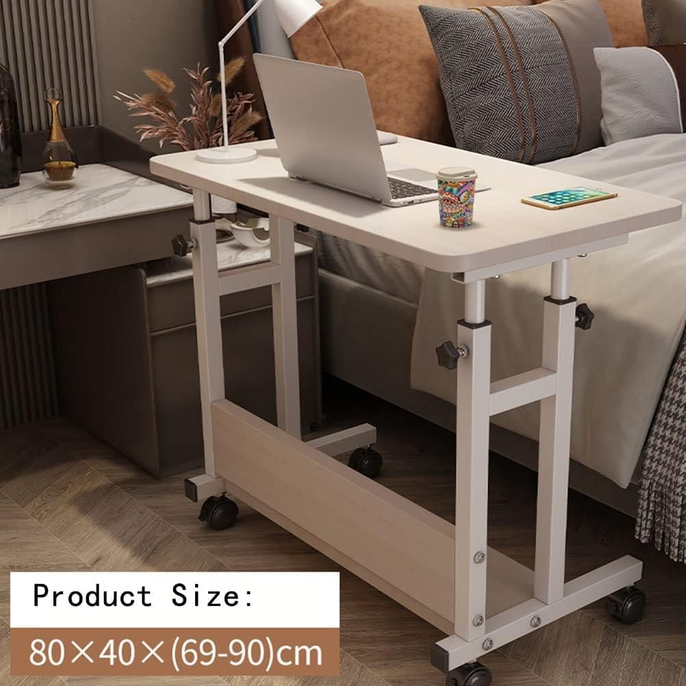 Adjustable Overbed Table Desk Laptop Tray with Wheels White 80x40cm Portable Sit to Stand Rolling Desk for Bed or Couch Height Adjustable Mobile Storage Solution Easy Maneuverabili