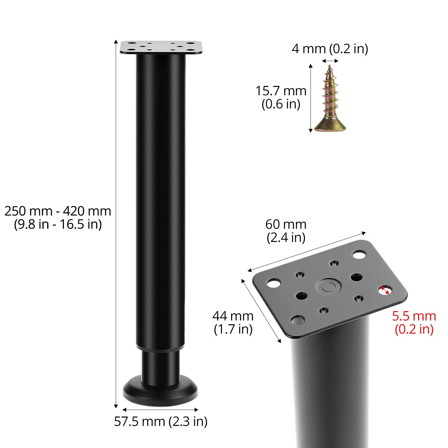 QWORK® 4 pièces Pieds de Meuble, Pieds de Meuble réglables en Hauteur 25-40 cm Noir, Pieds de Meuble avec vis, pour canapé, lit, Armoire