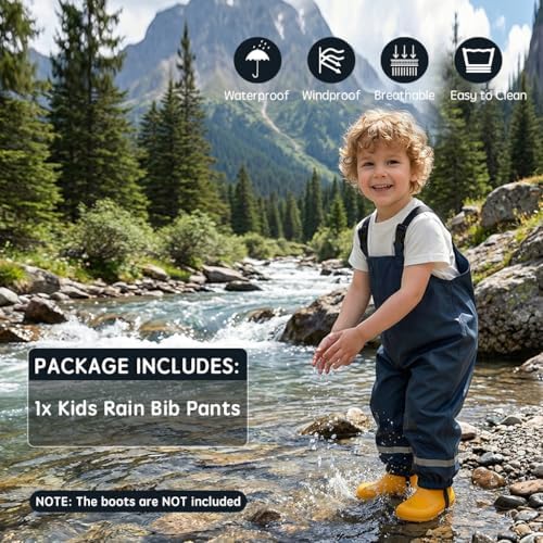 Sayyea Toddler Waterproof Rain Bib Pants, Kids Rain Pants Boys Girls Rain Trousers Lightweight Mud Pants Rainwear Navy — view 3