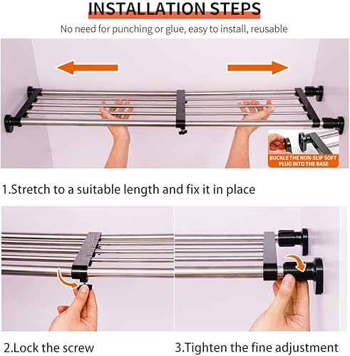 Miniatura 6 de Hershii Estante de tensión extensible para armario, estante de almacenamiento de metal ajustable, organizador de gabinete, separador de estantes
