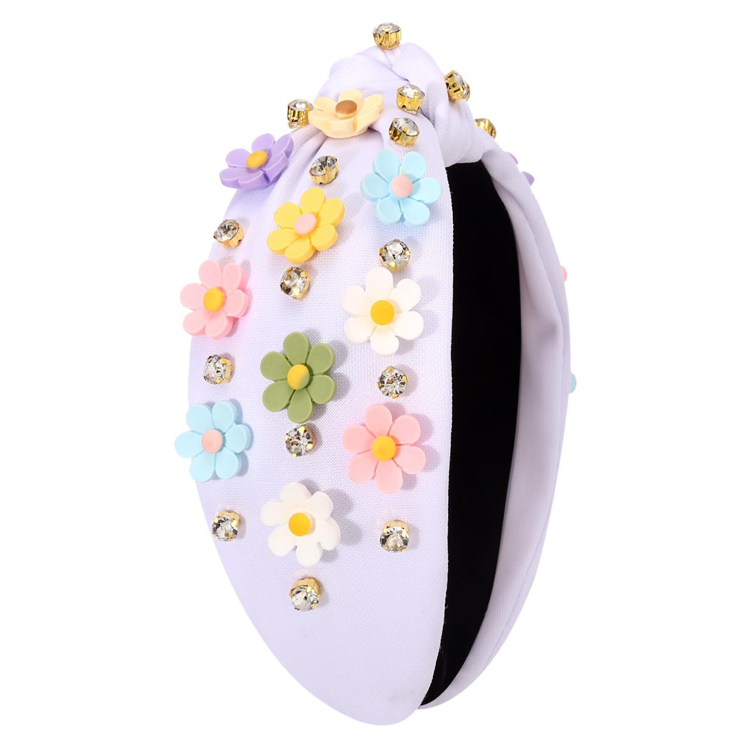 Flower Headband Summer Headbands for Women Jeweled Crystal Floral Hairband Top Knot Headband Boho Beach Accessories (White-Colorful)