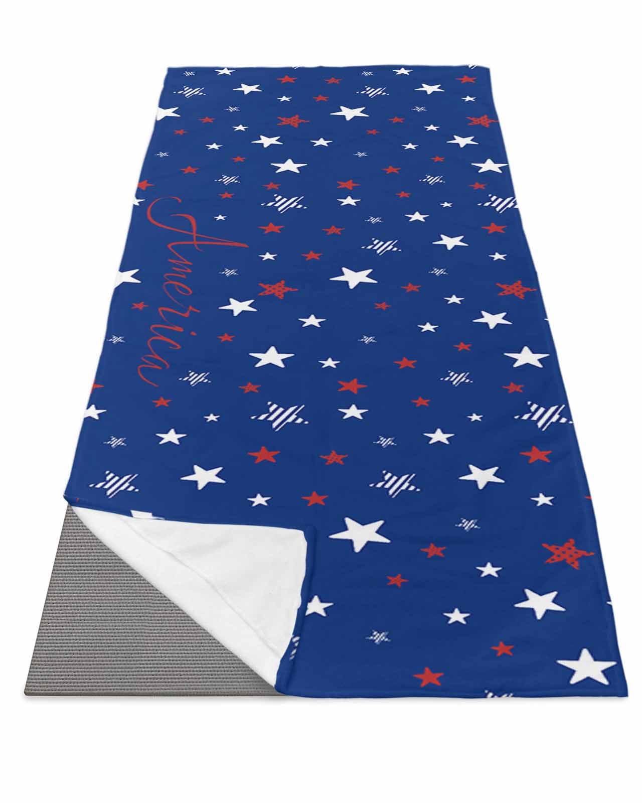 BOSIJOY Yoga Mat Towel,Independence Day Patriotic Star Non Slip Sweat Absorbent Hot Yoga Towels with Corner Pockets,Red White Pentagram on Blue Soft Microfiber Towel for Pilates Bikram 70
