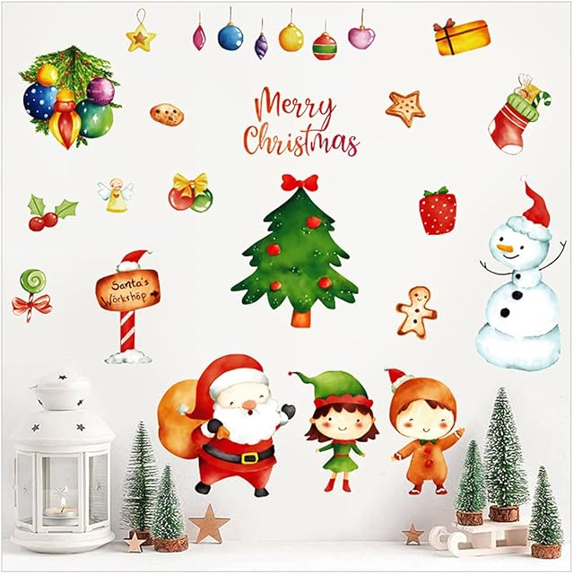 Wajade Merry Christmas Wall Decals Santa Claus Christmas Windows Stickers Peel and Stick Removable Snowman Wall Stickers for Xmas Home Decorations