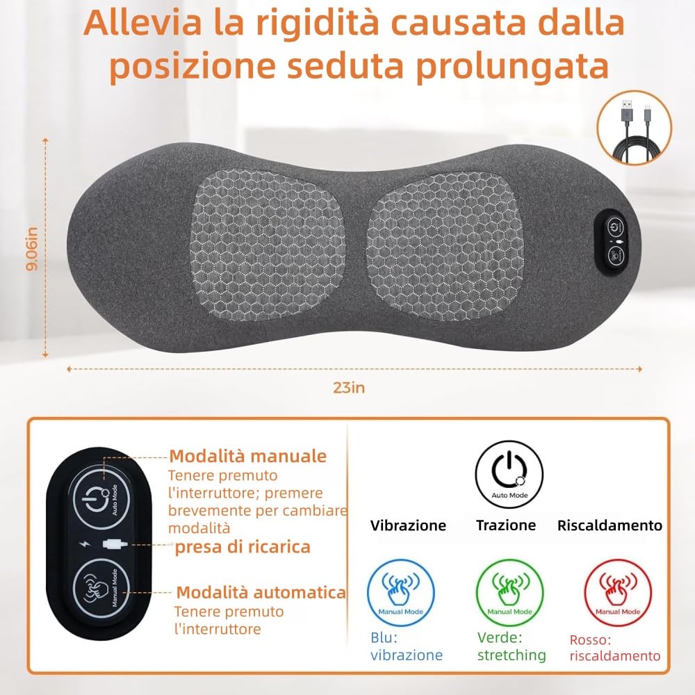 dorsanova Cuscino Lombare Massaggiante 3-in-1 Ricaricabile con Calore, Vibrazione e Trazione - Ergonomico per Ufficio, Casa e Viaggi