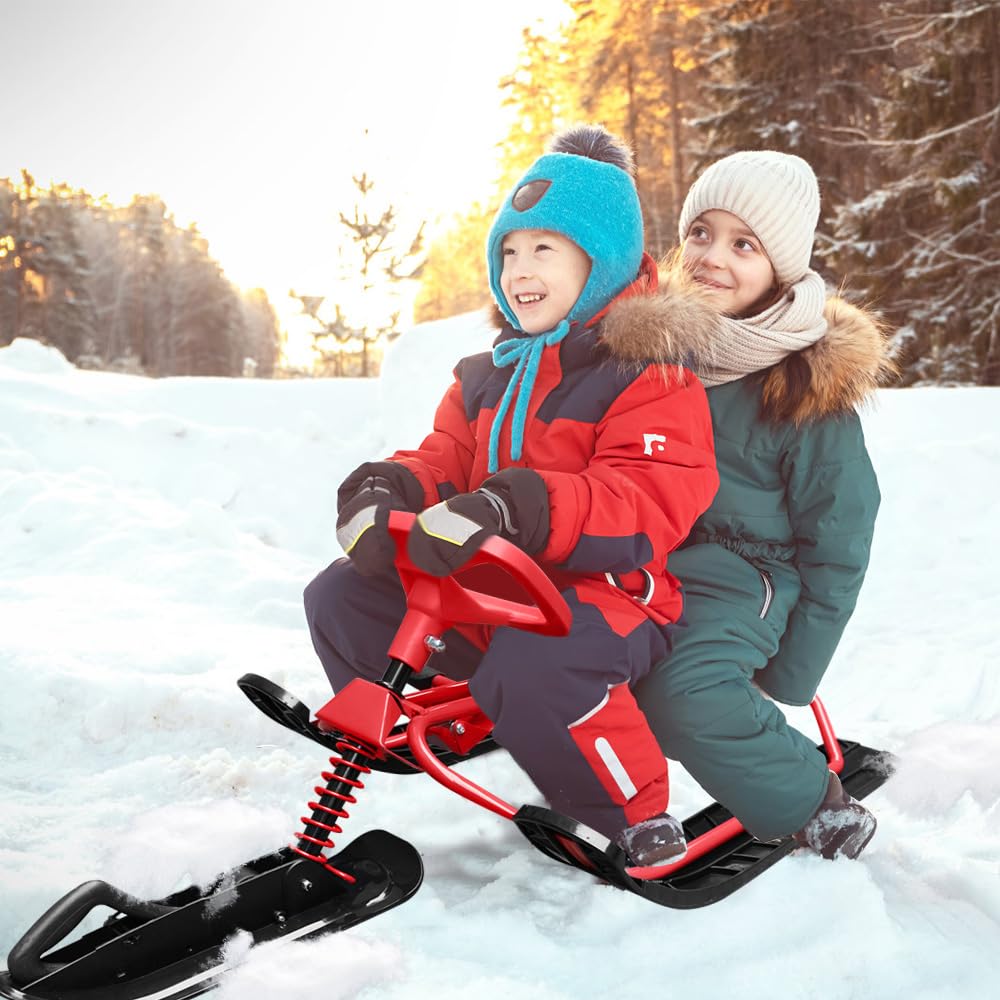 Snow Racer Sled Ski Sled with Steering Wheel and Twin Brakes Kids Teens Adults Winter Sport Ski Rider HDPE Iron Red 47.2 * 19.7 * 15in