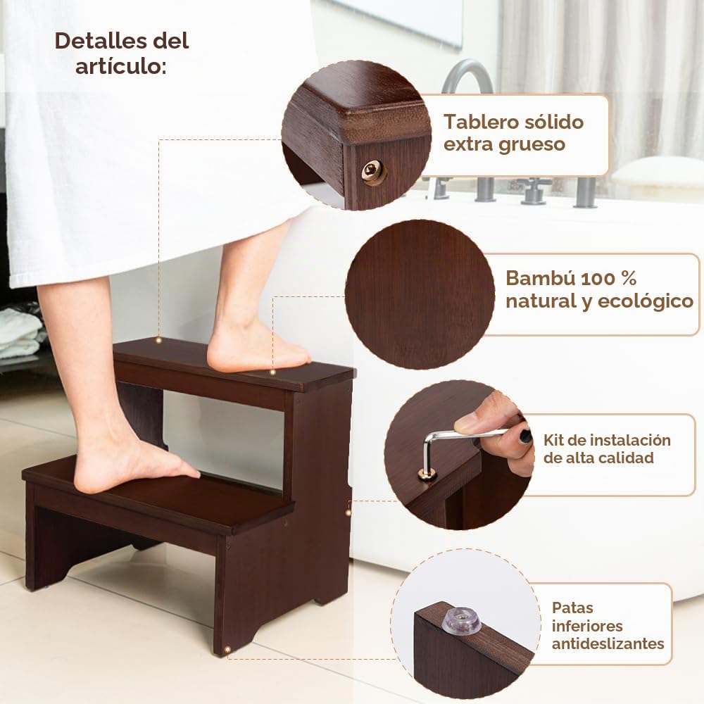 StrongTek Taburete de Bambú 2 Escalones Antideslizante | Escalón doble de bambú resistente con base de goma antideslizante para niños y adultos en baño, cocina o dormitorio