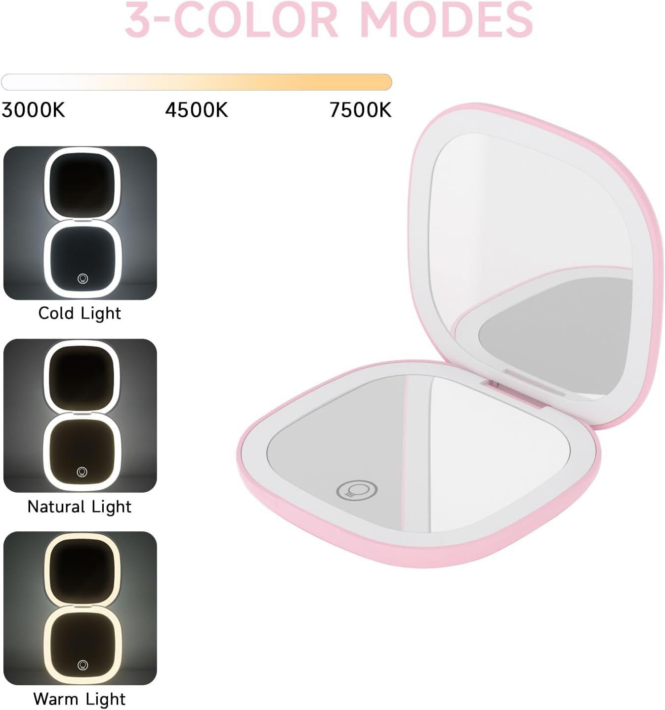 QUMOX Specchio Trucco 10X con Luce – Specchio da Viaggio Ricaricabile con LED, 3 Modalità di Luce, Touch Dimmerabile, USB-C – Rosa