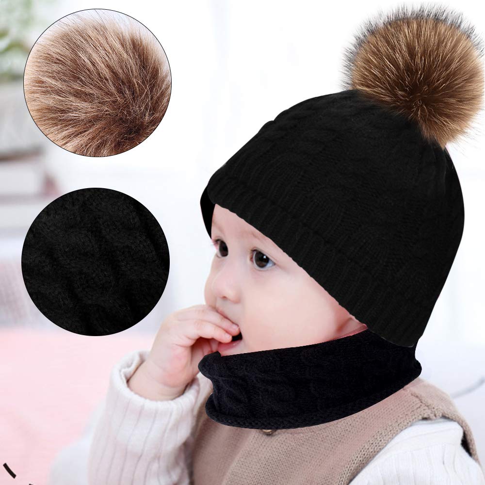 Hicdaw Juego de 6 gorros de invierno para niños pequeños, guantes de cuello para bebé, sombrero de invierno para niños y niñas, Negro -, talla única