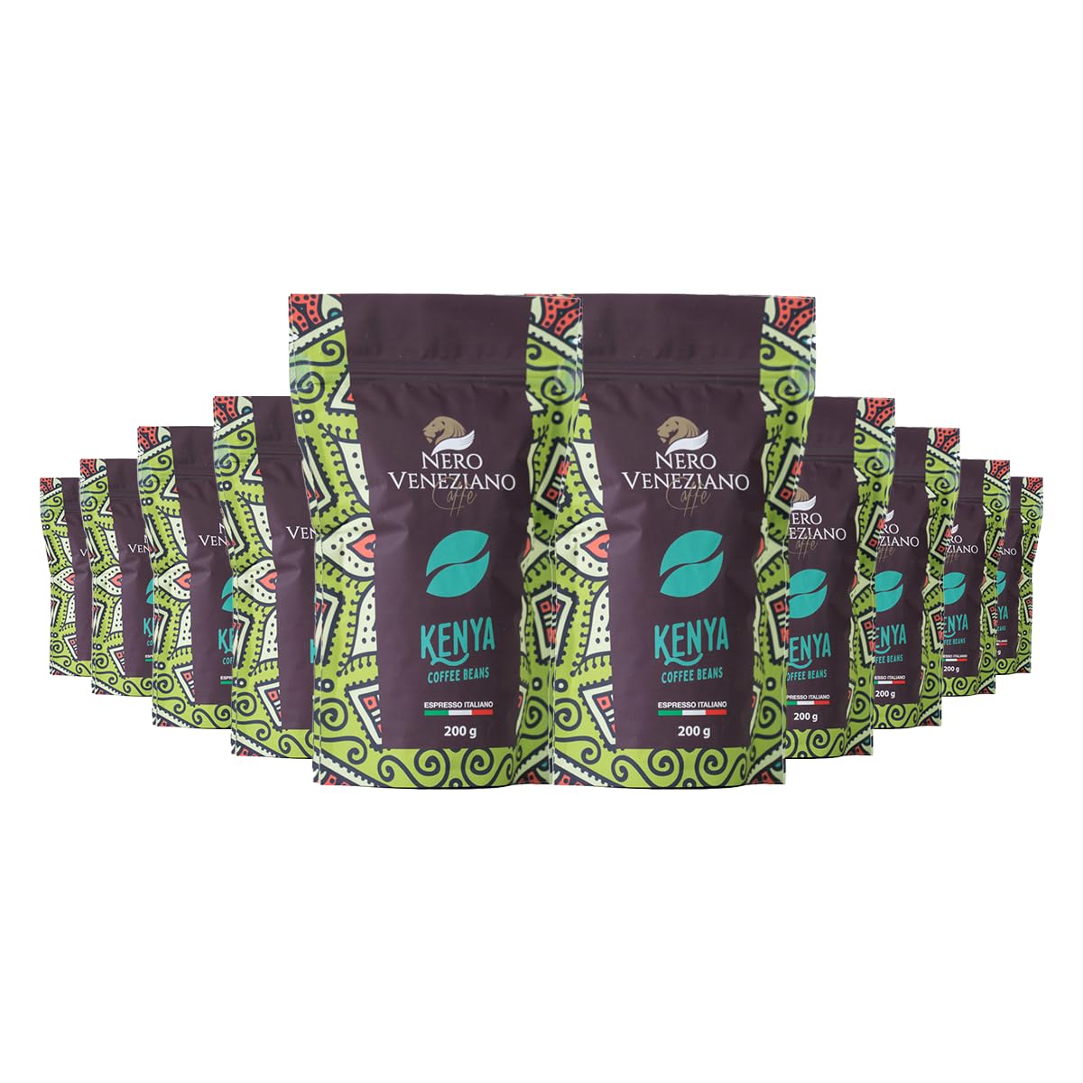 Nero Veneziano Kenya Caffè in Grani 10x200 g, 30% Arabica 70% Canephora, Tostatura Media, Note di Ribes Nero e Spezie, Corpo Robusto, per Espresso e Automatiche