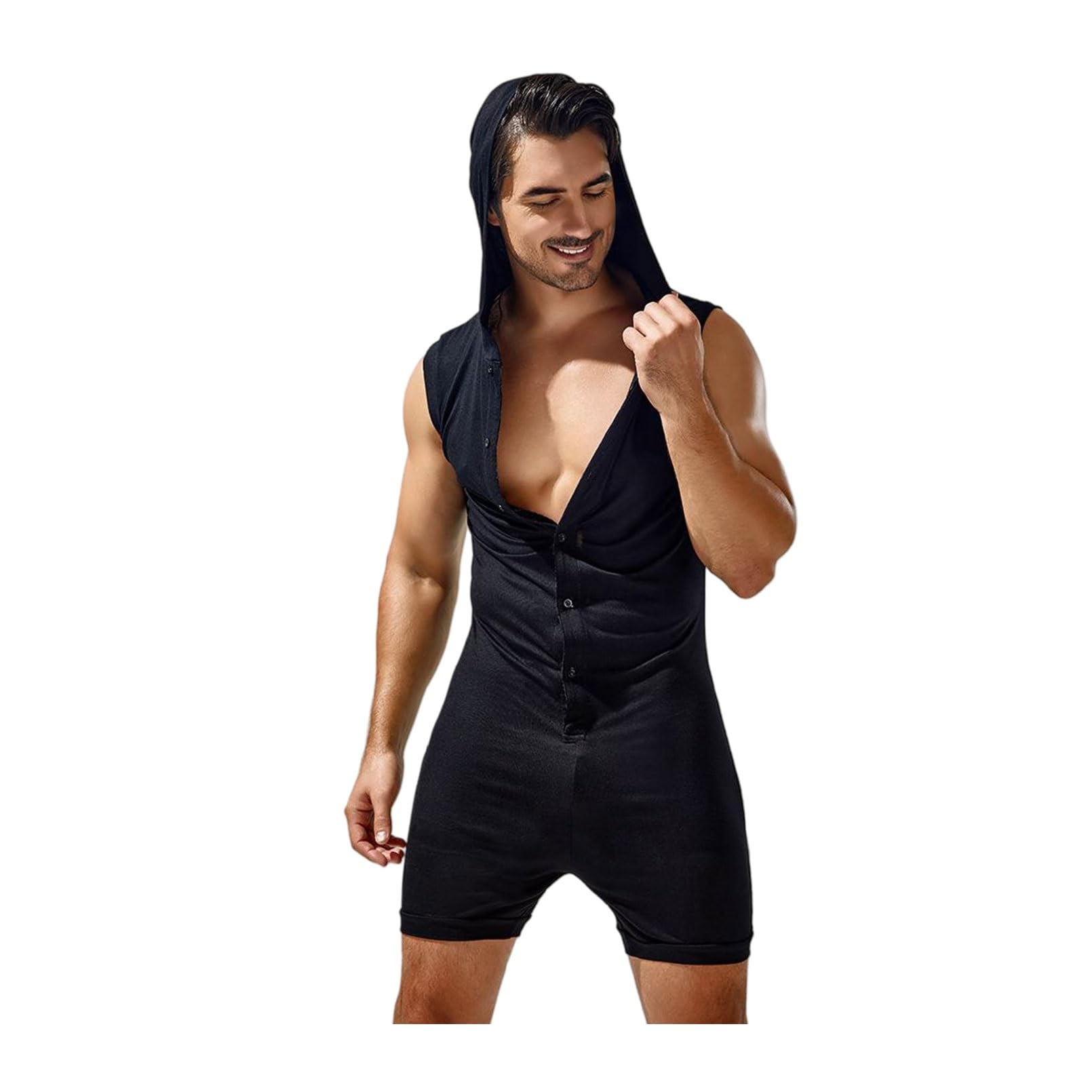 Men's Workout Tracksuit Tight fitness Jumpsuit Sleeveless One Piece Romper Onesie Sexy Hoodie With front button