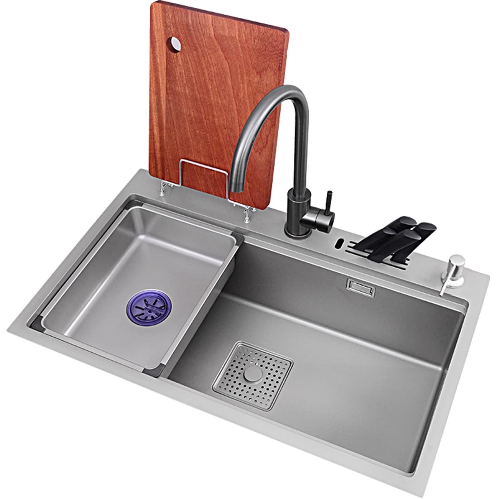 ZQFHSX 304 Stainless Steel Sink Stepped Manual Hand Wash Basin Kitchen With Faucet Undermount (Color : Gray-a, Size 75x46x22cm)
