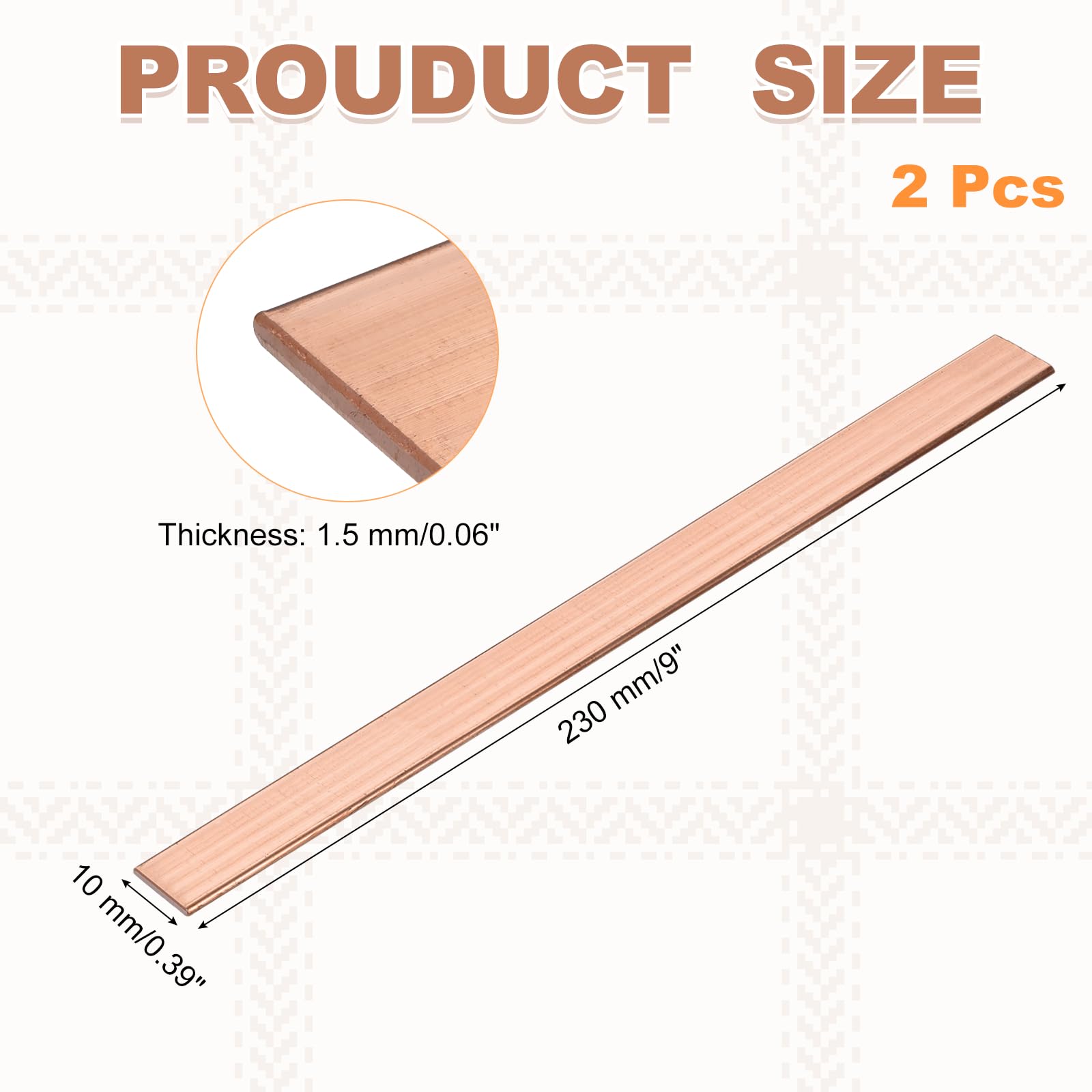 sourcing map Lot de 2 barres plates en cuivre massif C110 pour loisirs créatifs, réparations, électricité (1,5 mm x 10 mm x 230 mm)