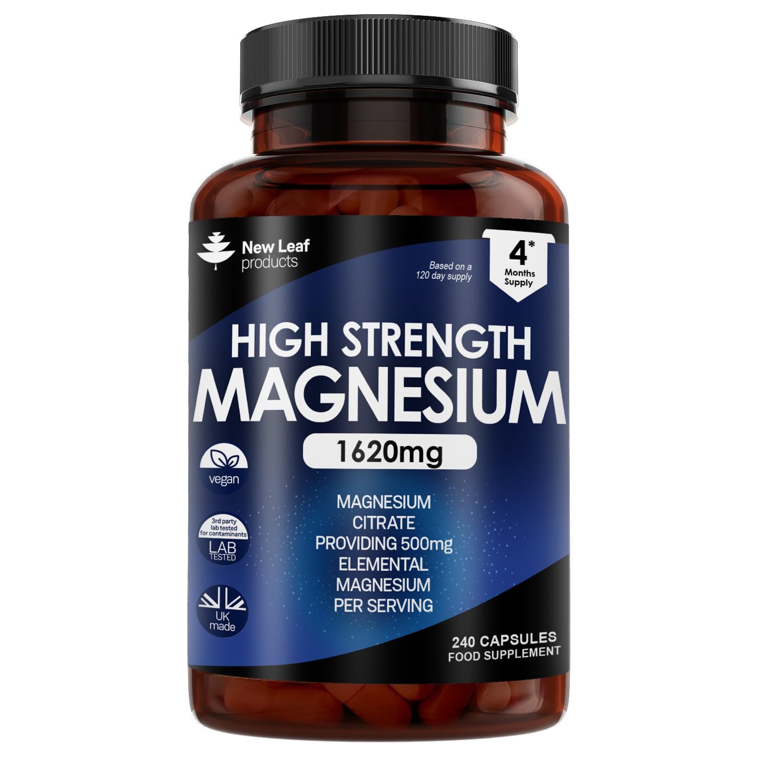 Magnesium Citrate Capsules 1620mg - 240 Fill - Super Strength Supplements - with 500mg Elemental Vegan Magnesium - Not Tablets or Gummies - Muscle & Sleep Support (Four Months Supply)
