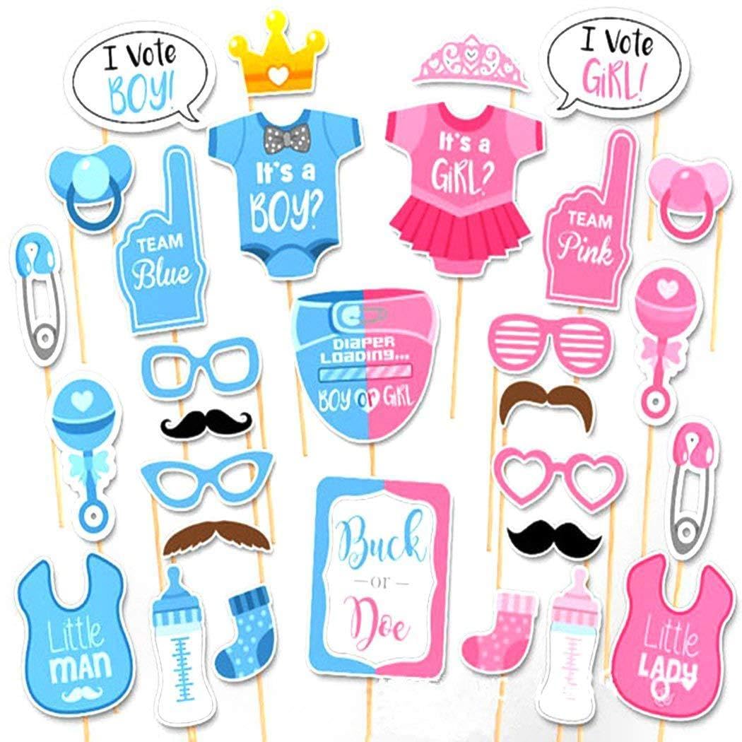 30Pcs Gender Reveal Photo Booth Props Boy or Girl Theme Selfie Props Baby Shower Gender Prediction Decor He or She Photography Backdrop for Gender