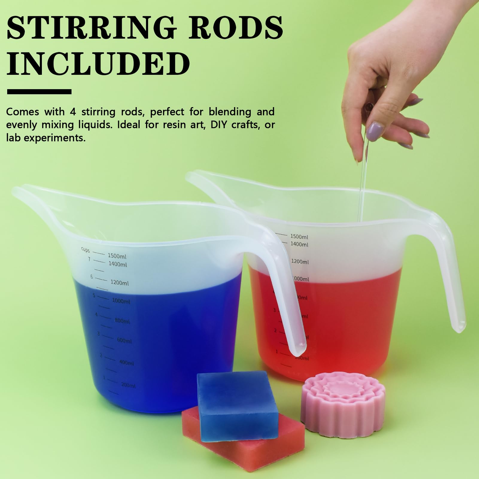Paquete de 4 jarras de embudo de boquilla larga de 1500 ml con varillas de agitación, tazas medidoras para resina, pintura, epoxi, manualidades, fabricación de jabón, duradera y fácil de verter, ideal