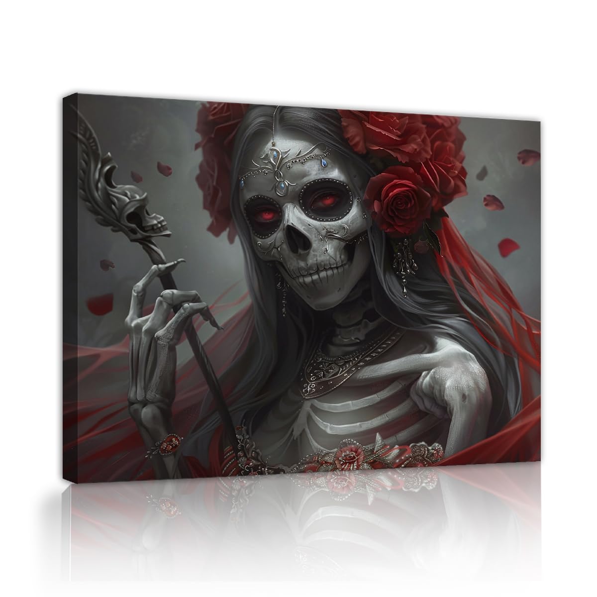Via Vela Gothic Skeleton Bride Framed Canvas Wall Art for Dorm Halloween Decor Dark Romantic Goddess Ghost Pictures Prints for Staircase Corridor 60x90cm