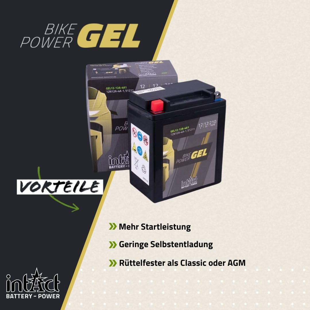 intAct - GEL MOTORRADBATTERIE Bike-Power GEL12-12A-4A1. Ersetzt 12N12A-4A-1. Motorradbatterie 12Ah 210A. Maße: 135x81x161mm. Mit bis zu 30% mehr Startleistung.