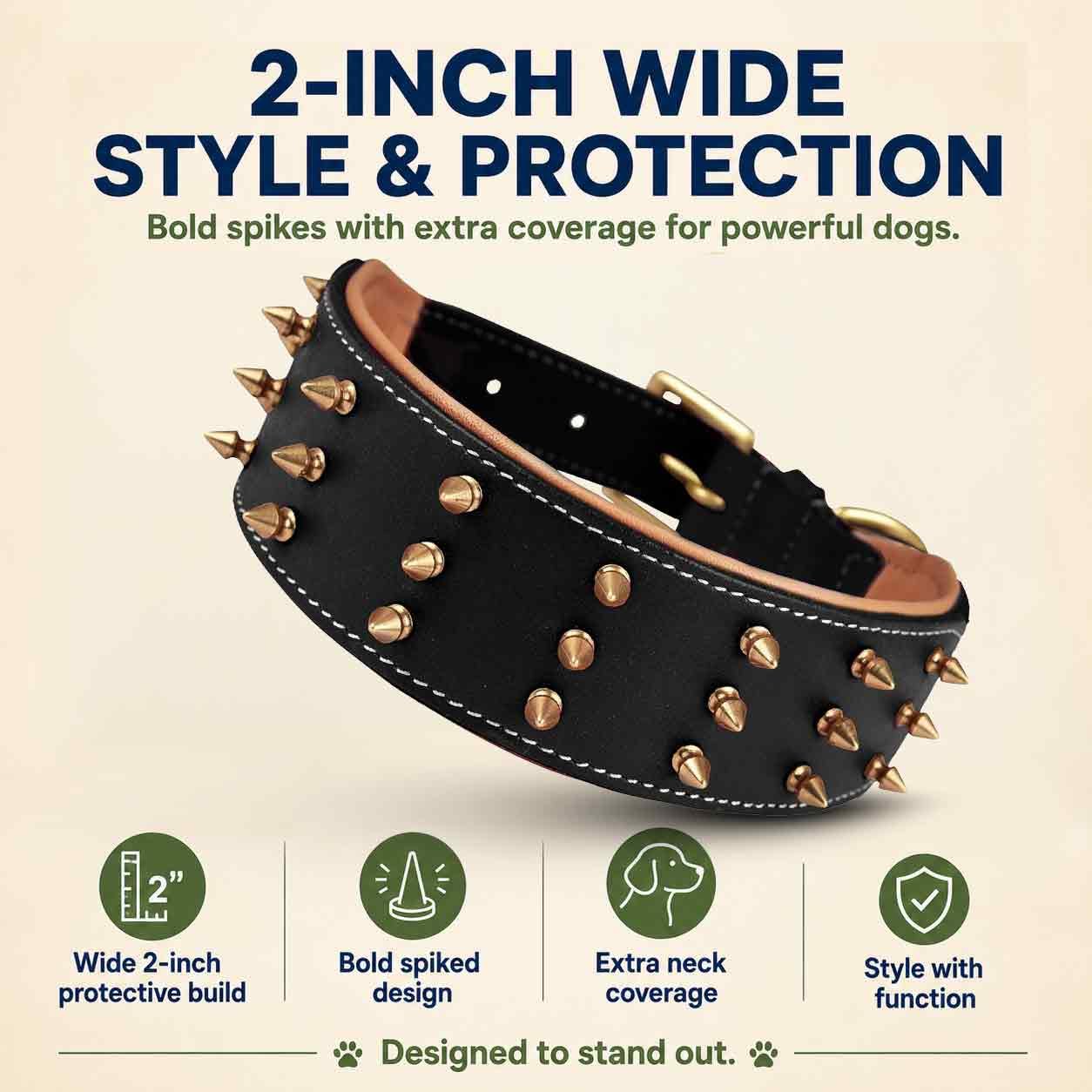 Collar de Cuero con Pinchos para Perros Grandes, Collar de 5 cm de Ancho para Perros Grandes, Collar de Perro Negro, auténtico, de Grano Completo, Resistente, cómodo, Acolchado, (L (para