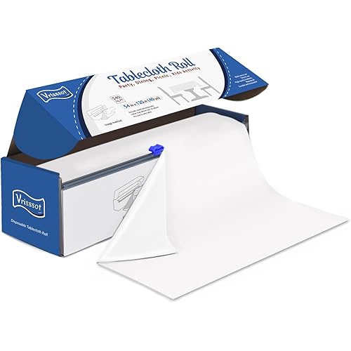 Disposable White Plastic Table Cover Roll 54in X 120ft - Heavy Duty Waterproof Tablecloth with Easy Slide Cutter for Weddings, Picnics, Parties & Birthdays