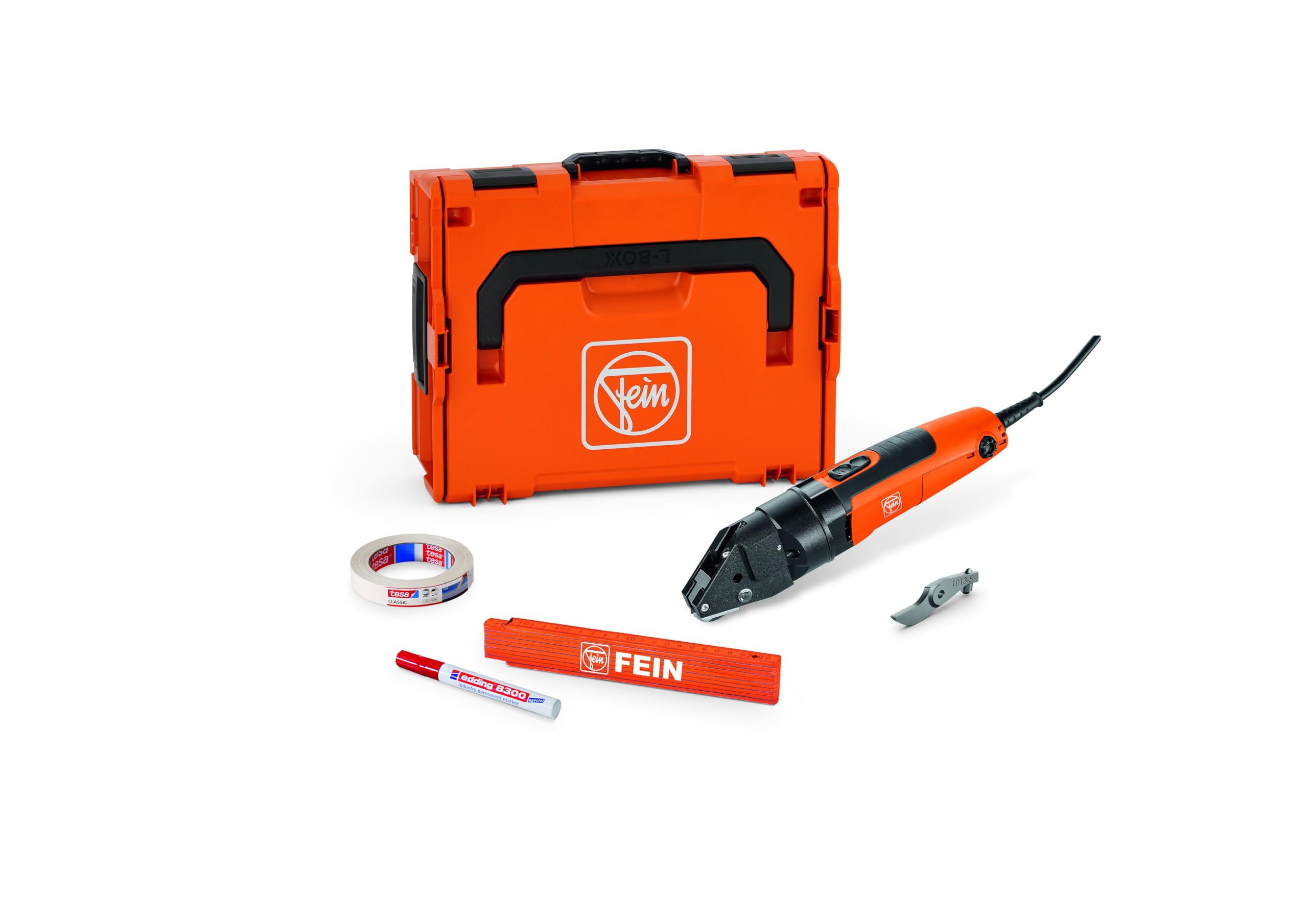 Fein BSS 2.0 E SET - Tijeras ranuradas (tijeras de hasta 2 mm, para mecanizado de acero inoxidable, tubos enrollables, perfiles, chapas, incluye cuchillos) n.º 72303362000