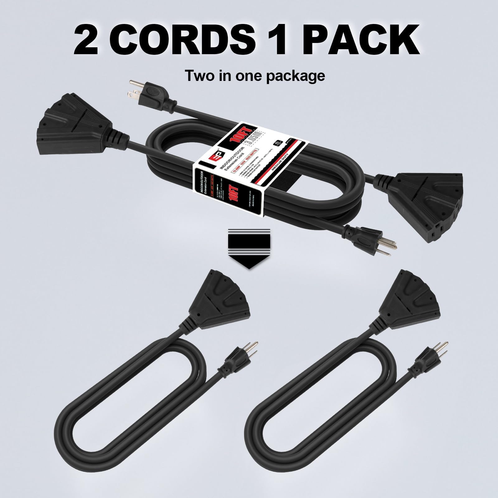 EP Paquete de 2 cables de extensión para exteriores de 10 pies con 3 tomas de corriente eléctricas, cable negro duradero 16/3 SJTW con enchufe de tierra de 3 clavijas