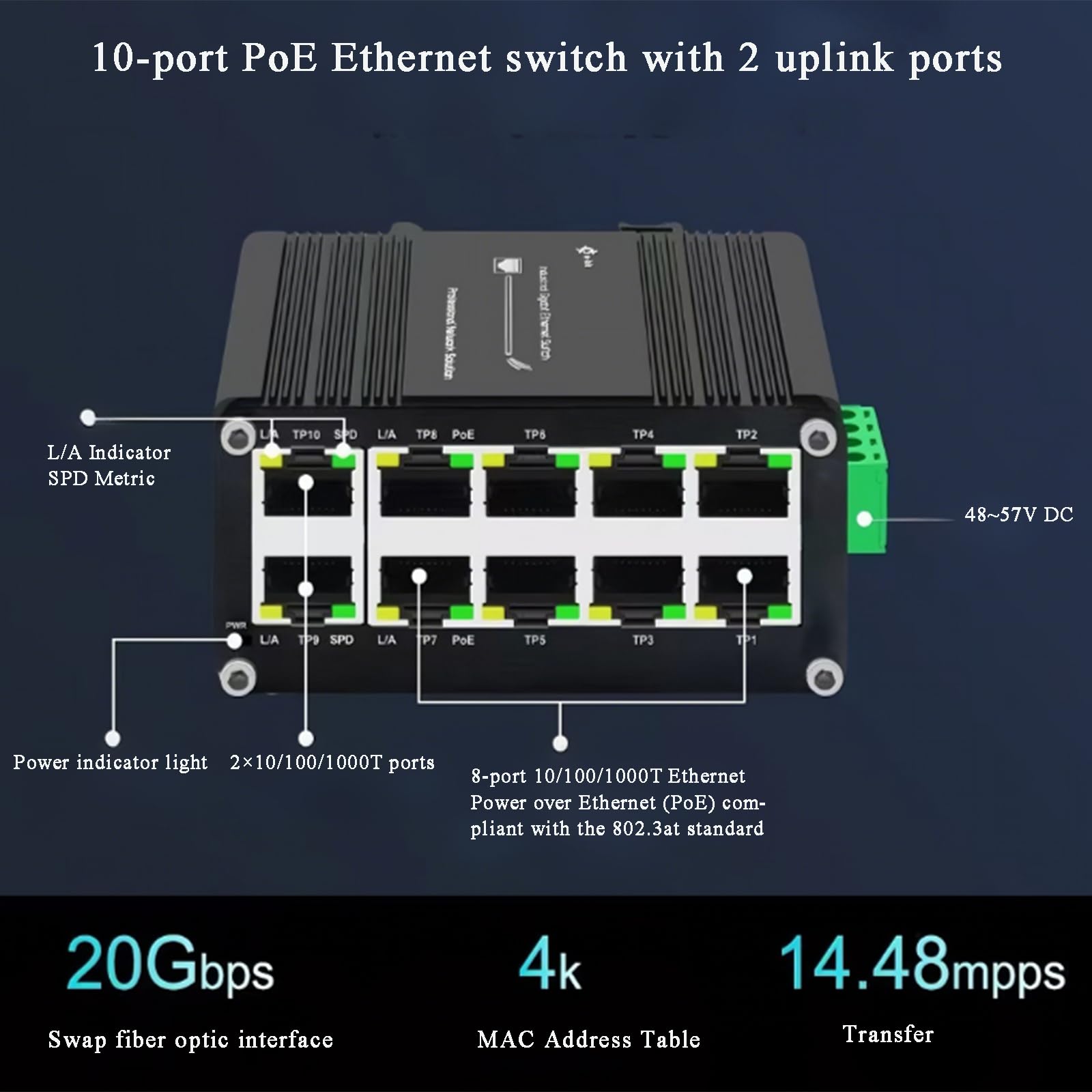 Mini conmutador Ethernet Gigabit PoE+ de 10 puertos – Interruptor de red no administrado de grado industrial con 8 puertos PoE y 2 puertos de enlace ascendente, Plug and Play, interruptor PoE de