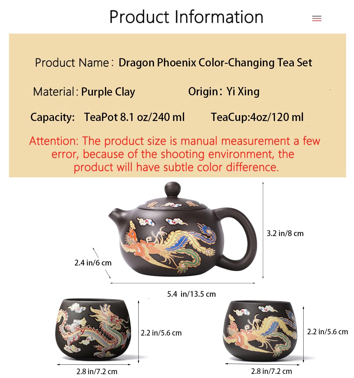 Tetera mágica Morada Que Cambia de Color con dragón y fénix Hecha a Mano (13.5 oz), Tetera Yixing Zisha, Juego de té Chino de Kung Fu con Caja, Ideal para Amantes del té (Tetera + 2 Tazas)