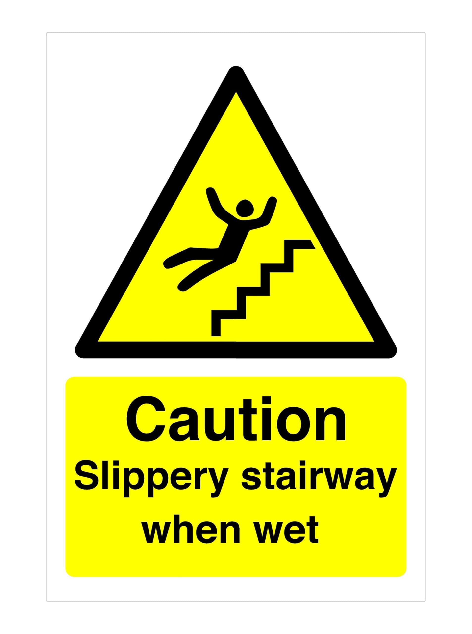 Caution slippery stairway when wet sign - 1.2mm Rigid plastic for indoor/outdoor usage (400mm x 300mm) Viewing Distance within 14m.
