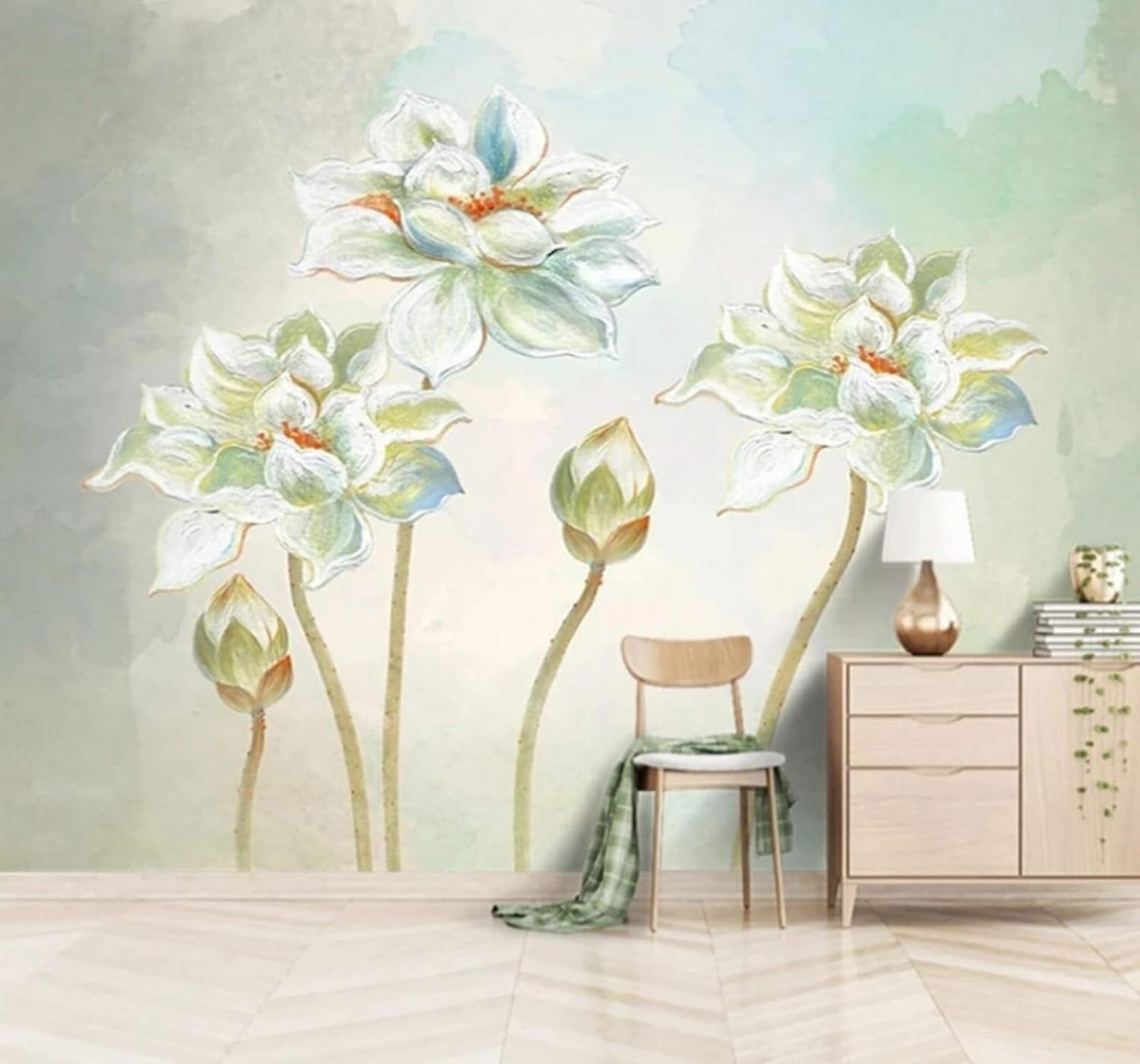 XLMING Fresh Retro Hand Drawn Watercolour Lotus 3D Wallpaper Luxury Home Dining Decor Paste Sofa Living Room The Wall for Bedroom Mural-430cm×300cm