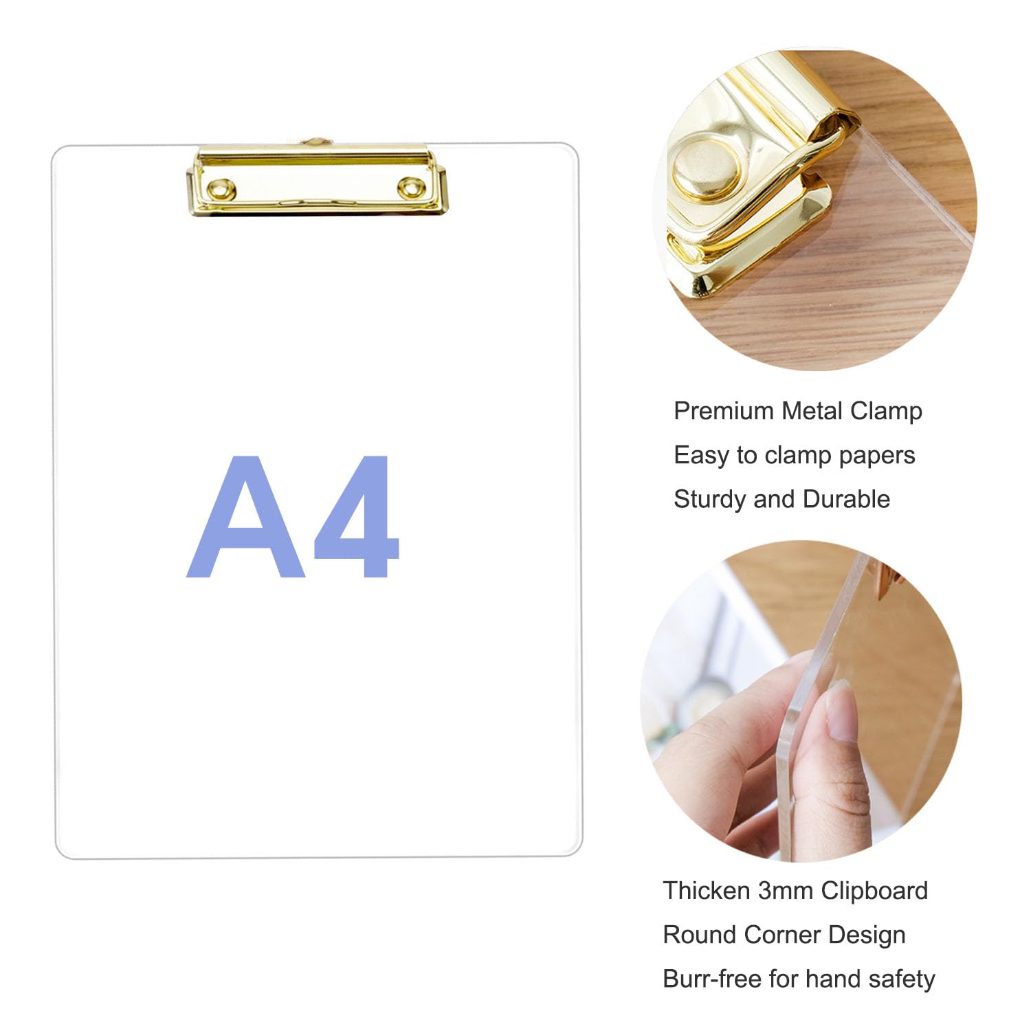 Lot de 3 planchettes à pince épaisses en acrylique transparent avec clip doré, durables et élégants avec clip discret