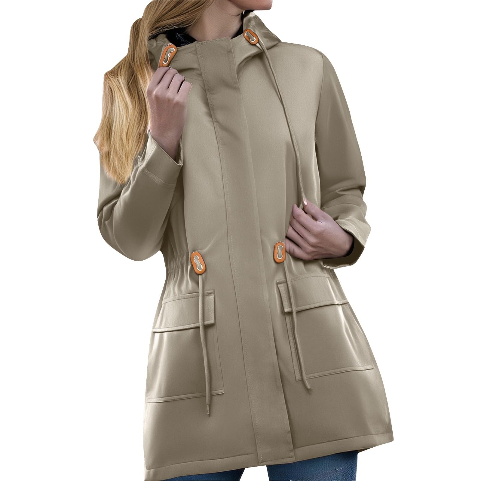 Giacca da donna impermeabile con cappuccio, giacca sportiva da donna con tasca, cappotto, antivento, giacche casual, trench cappotto, escursionismo, outdoor, tinta unita, cappotto chic da viaggio