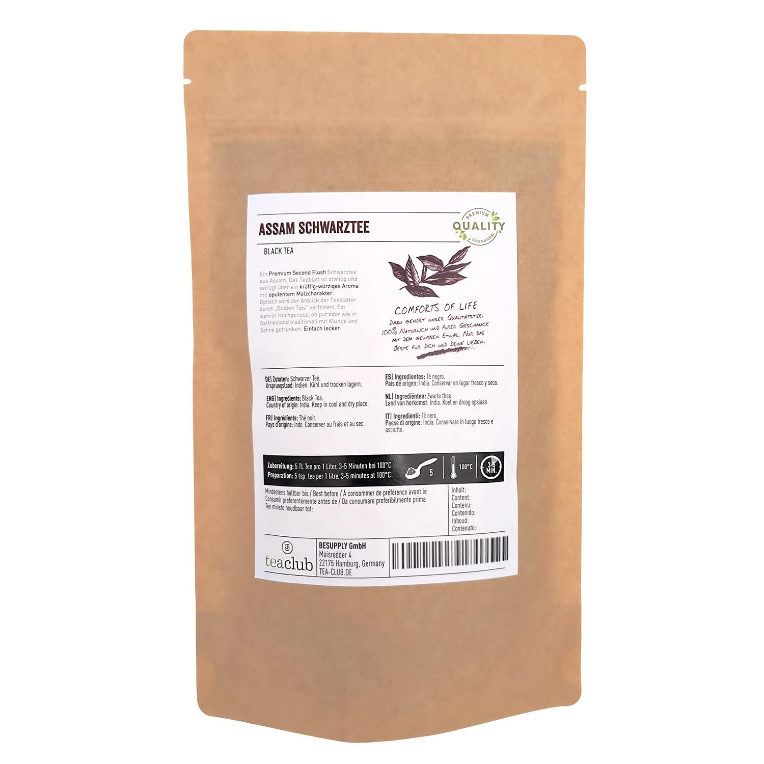 TeaClub Assam Schwarzer Tee Lose 500g – Second Flush Schwarztee, Black Tea | Kräftiger Second Flush Assam, Loser Ostfriesentee malzig-würzig, Golden Tips, glutenfrei, im Doypack aromasicher verpackt