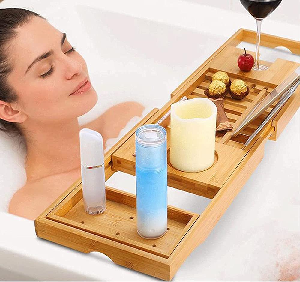 Pont De Baignoire En Bambou Extensible Tablette De Bain Multifonctionnel - 50-85 X 18 X 4 Cm