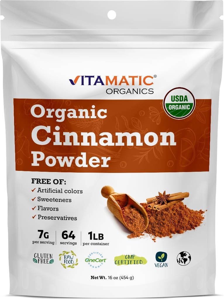 Vitamatic Certified USDA Organic Cinnamon Powder – 1 lb (16 oz) Pure & Aromatic Cinnamon | Organic Superfood Spice | Non-GMO, Gluten-Free, Kosher