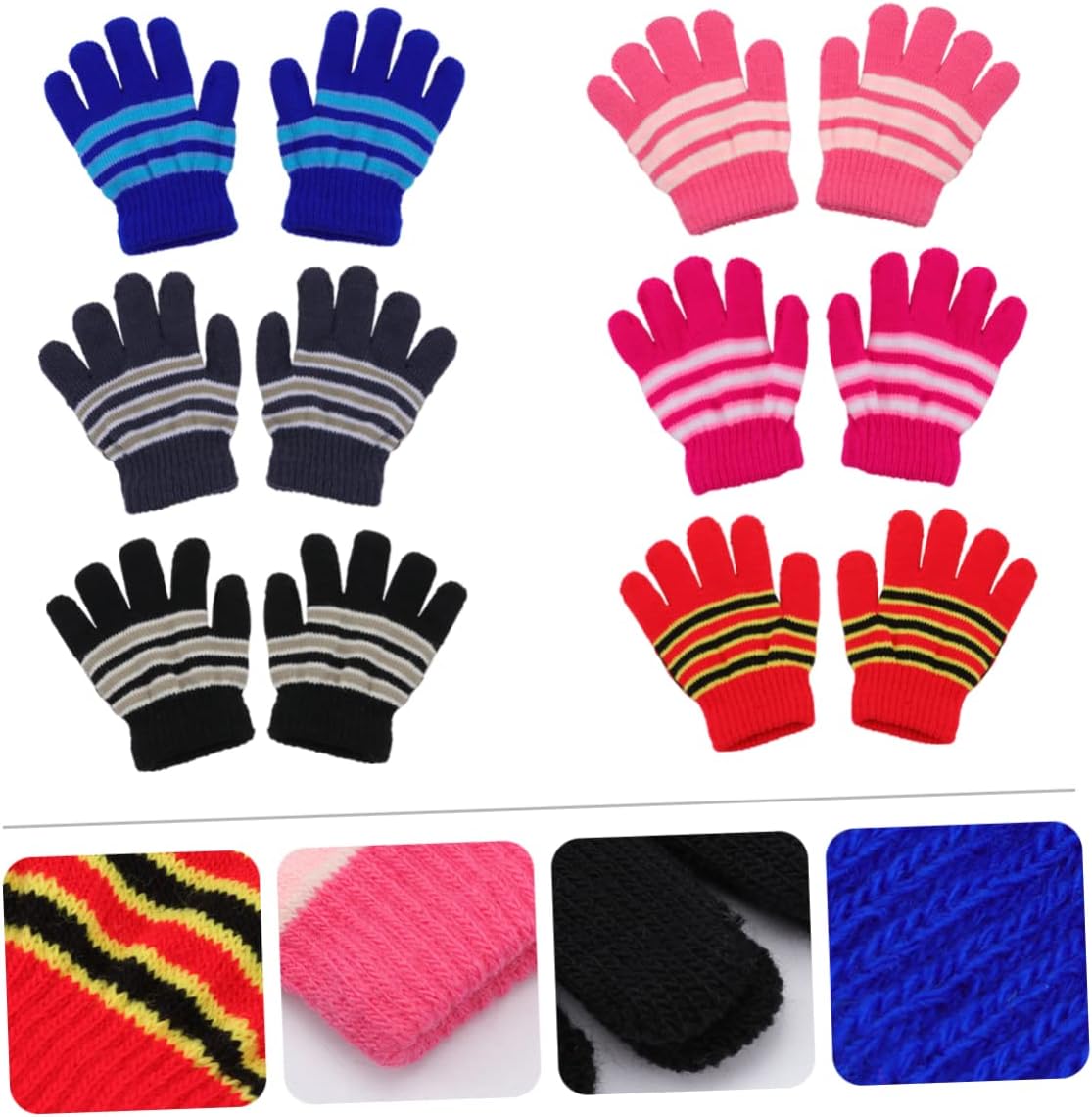 CALLARON 6pairs Warm Knitted Gloves for Boy Girl Full Finger Mittens for Boys and Girls Years Soft and Durable Stripe Design Red Blue Black and More