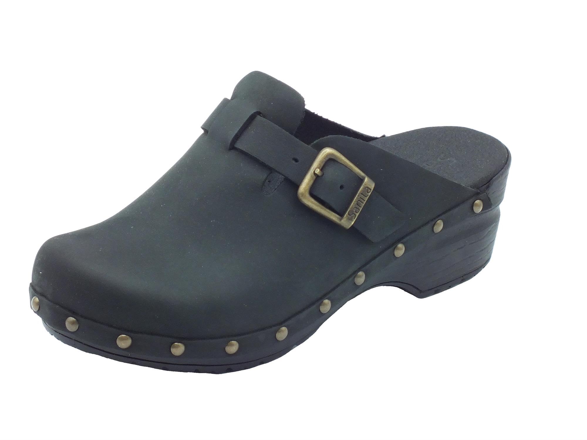Sanita Sanila | Zoccoli Aperti da Donna | Zoccoli Artigianali Originali in Pelle Flessibile | Plantare Anatomico in Schiuma Morbida | Nero | 36 EU