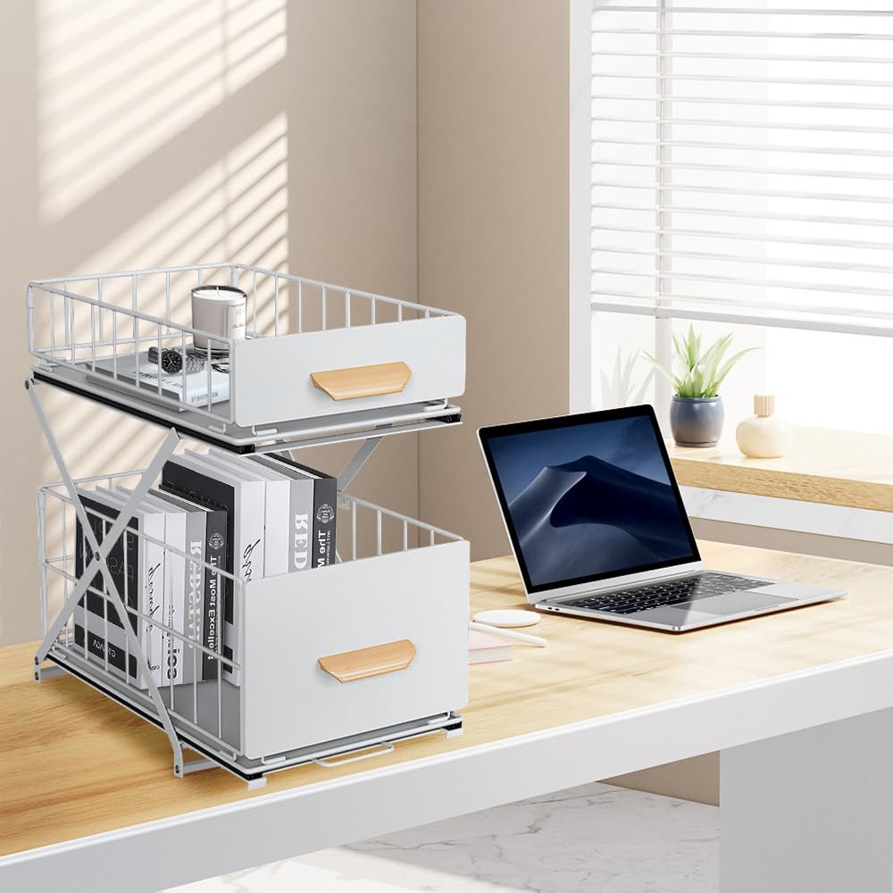 Drumm Cassetto portaoggetti a 2 ripiani, organizer sotto lavello, cestelli scorrevoli rimovibili scorrevoli in metallo, porta spezie per cucina, bagno, ufficio (40 x 26 x 43 cm bianco)