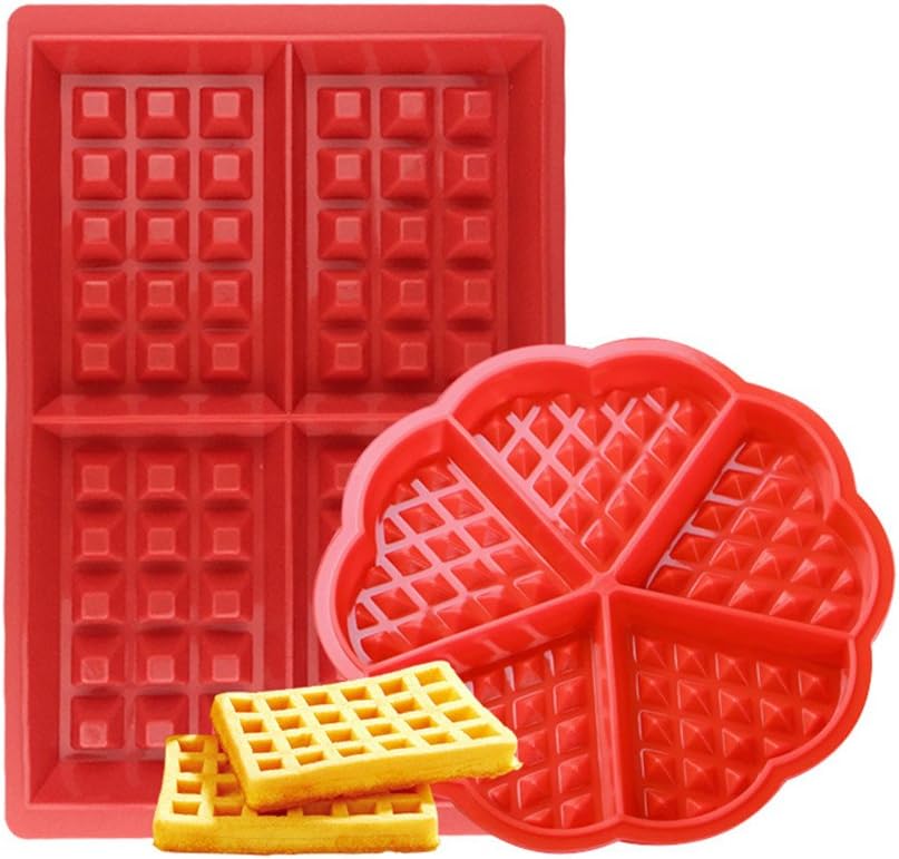 Febbya SB-122_SML Waffle 2 Pack Non-Stick Silicone Mould Set for Children Muffins Biscuit Cooking Kitchen Baking Rectangular and Heart-Shaped Red, Silica Gel